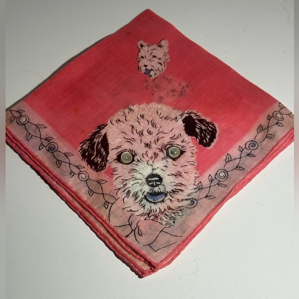 Vintage child’s dog handkerchief with plastic googly eyes